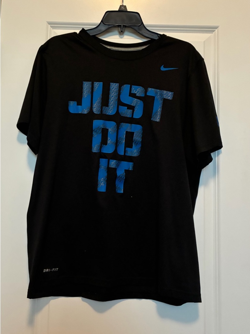 Nike Black Short-Sleeve Dri-FIT Tee with Blue 'Just Do It' Graphic